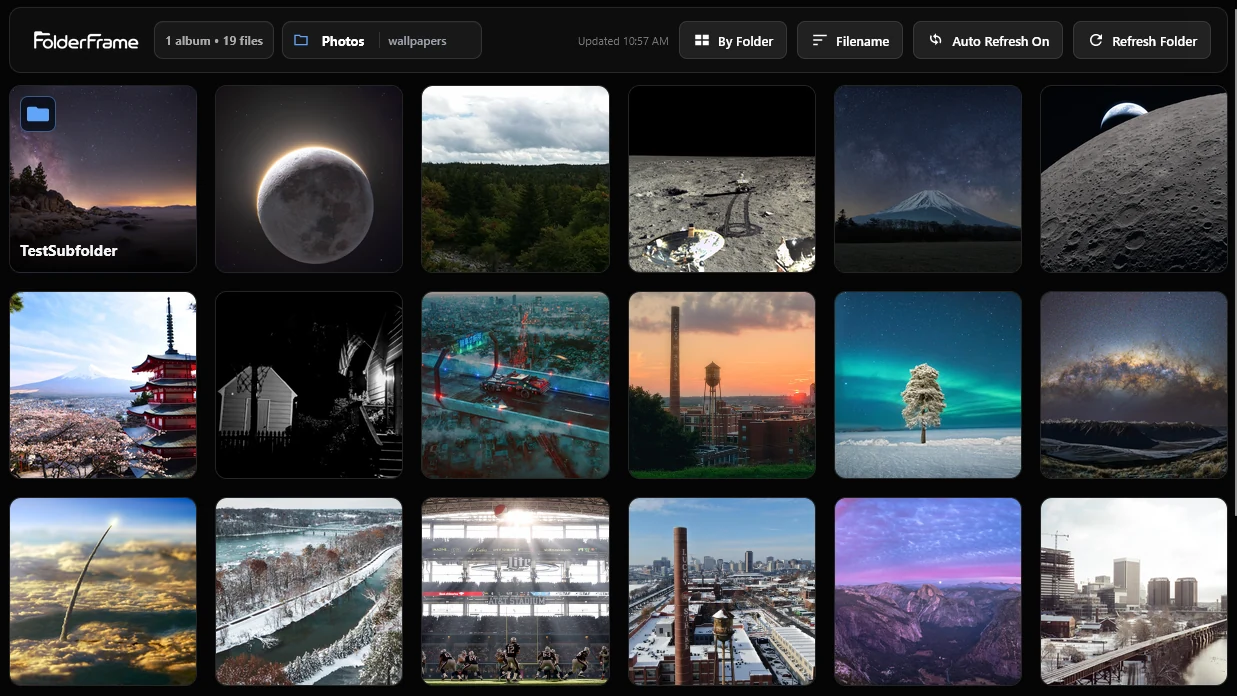 The FolderFrame gallery showing real photo thumbnails and folder albums